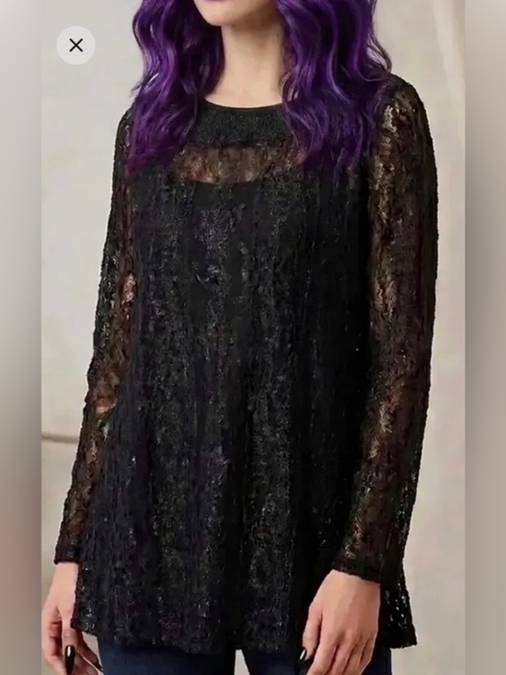 NY&Co Sz L Black Lace overlay top Boho Whimsy Frilly Sheer Dark Fairy Goth